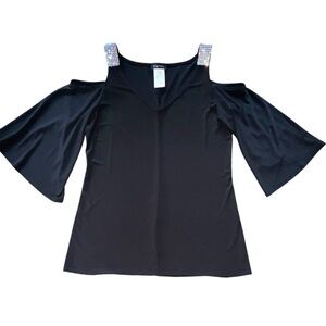 S Levine Size L Black Cold Shoulder Tunic w/Rhinestone Straps & Bell Sleeves